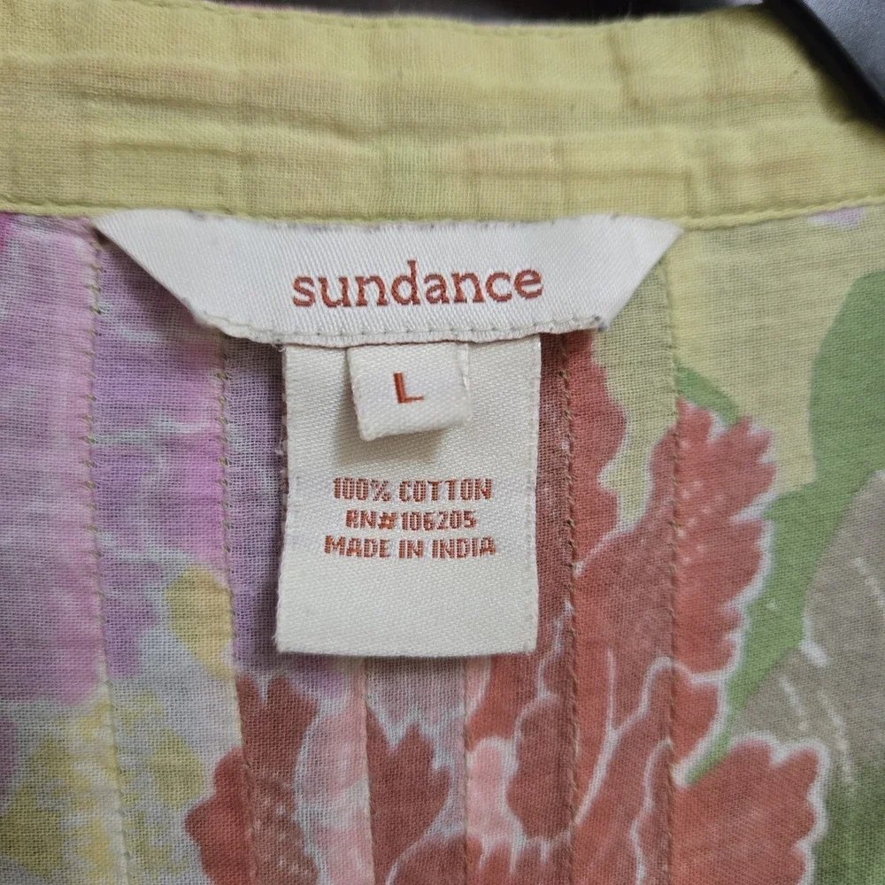 Sundance Floral Pintuck Pleated Button Up Tunic Top Boho Airy Artsy‎ Pockets L - Picture 2 of 16